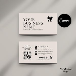 Tarjeta de visita Coquette Bow / Tarjeta de presentación moderna con código QR / Doble cara / Plantilla editable de Canva