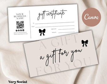 May include: Two gift certificates with black script and bow accents. One certificate reads "gift certificate" and includes fields for "To," "From," "Valid until," and "Amount." The other reads "A gift for you."