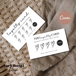 May include: Two white loyalty cards with black text and hearts. The top card says "loyalty card" and "PURCHASE ANY 9 ITEMS AND GET YOUR 10TH FOR FREE". The bottom card says "THE loyalty CARD" and "PURCHASE ANY 4 ITEMS AND GET YOUR 5TH FOR FREE". Both cards have a website address and the word "FREE" in a circle.