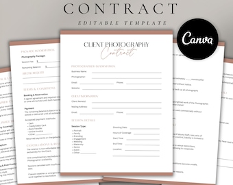 May include: An editable photography contract template with black text on white paper, featuring sections for client information, session details, and terms and conditions. The document includes a Canva logo and headers for package information.