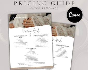 May include: A photography pricing guide flyer template featuring a white background with a torn paper effect at the top. The text includes headings for Essential, Signature, and Luxe packages with bulleted lists of session details and a Canva logo.