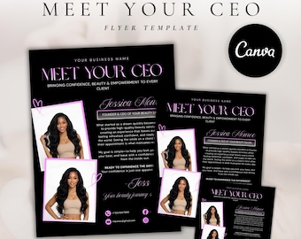 May include: A Meet Your CEO flyer template featuring a black background with pink text and accents. The design includes placeholders for a business name, a founder's name, professional photos, contact icons, and a Canva logo in the corner.