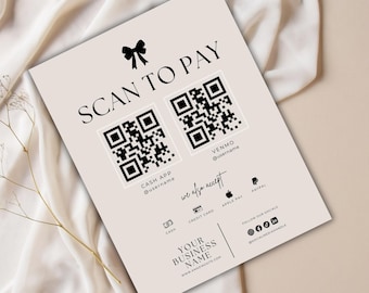 Bow Coquette Scan to Pay Sign | Business Printable QR Code Payment Flyer | Canva Editable Template