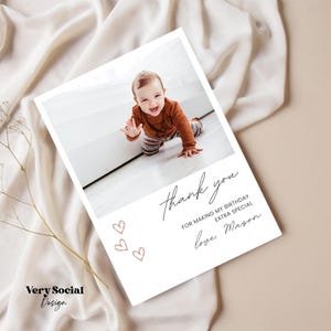 Modèle de carte de remerciement 1er anniversaire Carte d'anniversaire personnalisable Canva modifiable en téléchargement numérique Carte de remerciement minimaliste carte d'anniversaire pour bébé