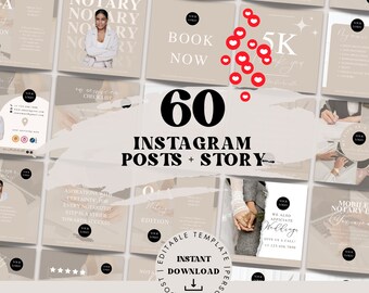 May include: A collage of 60 Instagram post and story templates for a notary business. The templates feature a neutral beige color scheme with black text and a few red hearts. The text includes "Notary", "Book Now", "5K", "Aspirations with certainty", "We also officiate weddings", and "Mobile Notary".