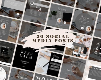 May include: A collage of 30 social media posts for a notary public business. The posts feature a variety of designs, including text, images, and graphics. The posts are designed to promote the notary public's services and attract new clients.