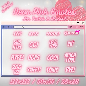 Neon Pink Twitch Emotes, Twitch Emotes, Neon Emotes, Cute Pink Twitch Emotes, Discord Emotes, Gamer Emotes, Emotes, Twitch, Chat Emotes