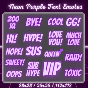 Neon Purple Text Emotes, Neon Emotes, Twitch Emotes, Discord Emotes, Cute Emotes, Streamer Assets, Twitch, Discord, Bright Emotes