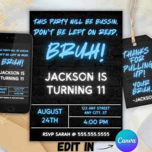 Bruh Birthday Invitation Template, Bruh Neon Invitation, Bruh Invite, Bruh Neon Party, Teenager Boys Party, Bruh It&#39;s My Birthday, Canva