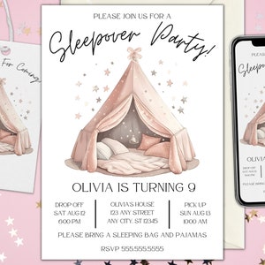 Ensemble d'invitations minimalistes pour une soirée pyjama d'anniversaire, invitation à une soirée pyjama fille, tente glamping, téléchargement numérique imprimable et modifiable