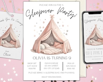 Sleepover Birthday Minimalist Invitation Set Slumber Party Invite Girl Pajama Party Glamping Tent Digital Printable Editable Download Canva