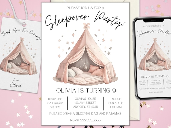 Sleepover Birthday Minimalist Invitation Set Slumber Party Invite Girl Pajama Party Glamping Tent Digital Printable Editable Download Canva