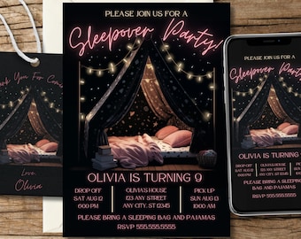 Sleepover Birthday Invitation, Pink Tent, PJ Party (Digital Download)