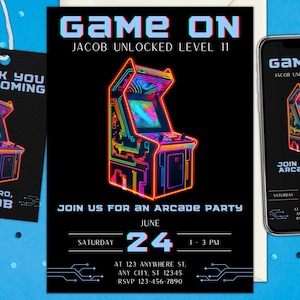Editable Arcade Birthday Party Invitation Canva Minimalist Neon Boy Game Party Glow Gaming Arcade Birthday Party Neon Party Instant Download