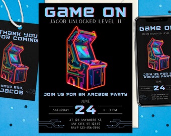 Editable Arcade Birthday Party Invitation Canva Minimalist Neon Boy Game Party Glow Gaming Arcade Birthday Party Neon Party Instant Download