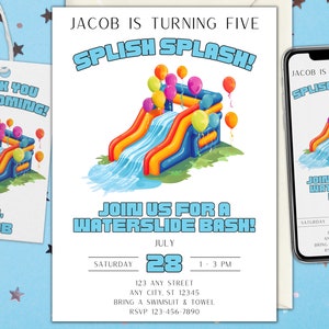 Minimalist Editable Waterslide Birthday Party Invitation Water Slide Summer Pool Party Boy Blue Girl Pool Party Instant Download Canva DIY
