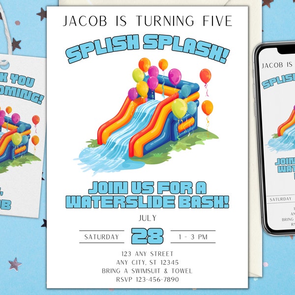 Minimalist Editable Waterslide Birthday Party Invitation Water Slide Summer Pool Party Boy Blue Girl Pool Party Instant Download Canva DIY