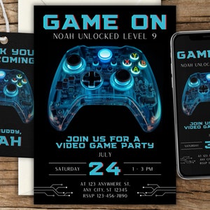 Video Game Party Invitation Set: Neon Controller, Editable Template (Digital Download)