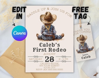 First Rodeo Invitation Template, Wild West Birthday Invite, Boy Cowboy Birthday Invitation, My 1st Rodeo Invitation, 5x7 DIY Editable Canva