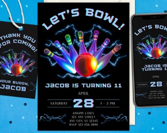 Editable Bowling Birthday Invitation Minimalist Neon Glow Bowling Invitation Bowling Invitation Glow Invitation Printable Instant Download