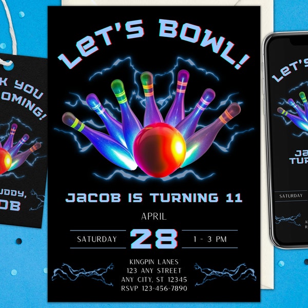 Editable Bowling Birthday Invitation Minimalist Neon Glow Bowling Invitation Bowling Invitation Glow Invitation Printable Instant Download