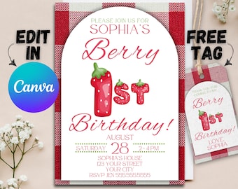 Berry First Birthday Invitation: Strawberry Theme, Editable Canva (Digital Download)