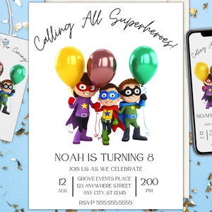 Minimalist Superhero Birthday Invitation Set Superheroes Birthday Invite Printable Invitation Party Editable Canva Template Instant Download