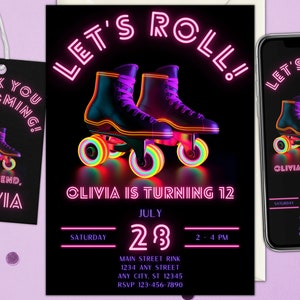 Roller Skate Birthday Invitation Skate Party Birthday Invitation Party Invitation Girl Roller Skating Retro Neon Lights Editable Template