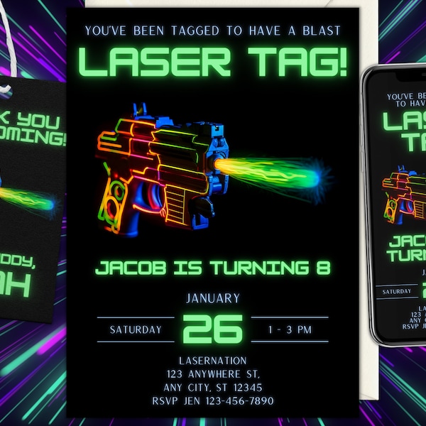 Bewerkbare Lasergame-uitnodiging Neon Lasergame Verjaardagsuitnodiging Glow Lasergame Verjaardagsfeestje Neon Glow Laser Party Download sjabloon Canva