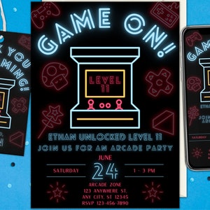 Editable Arcade Birthday Party Invitation Minimalist Neon Boy Game Party Glow Gaming Arcade Birthday Party Neon Glow Party Instant Download