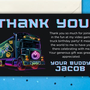 Jeu vidéo camion carte de remerciement fête d'anniversaire garçon fille bricolage imprimable modifiable imprimable téléchargement numérique anniversaire gamer merci néon
