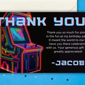 Carte de remerciement modifiable pour fête d'anniversaire d'arcade, néon garçon, fête de jeu imprimable, carte de remerciement, jeu de lueurs, fête d'anniversaire d'arcade, téléchargement immédiat