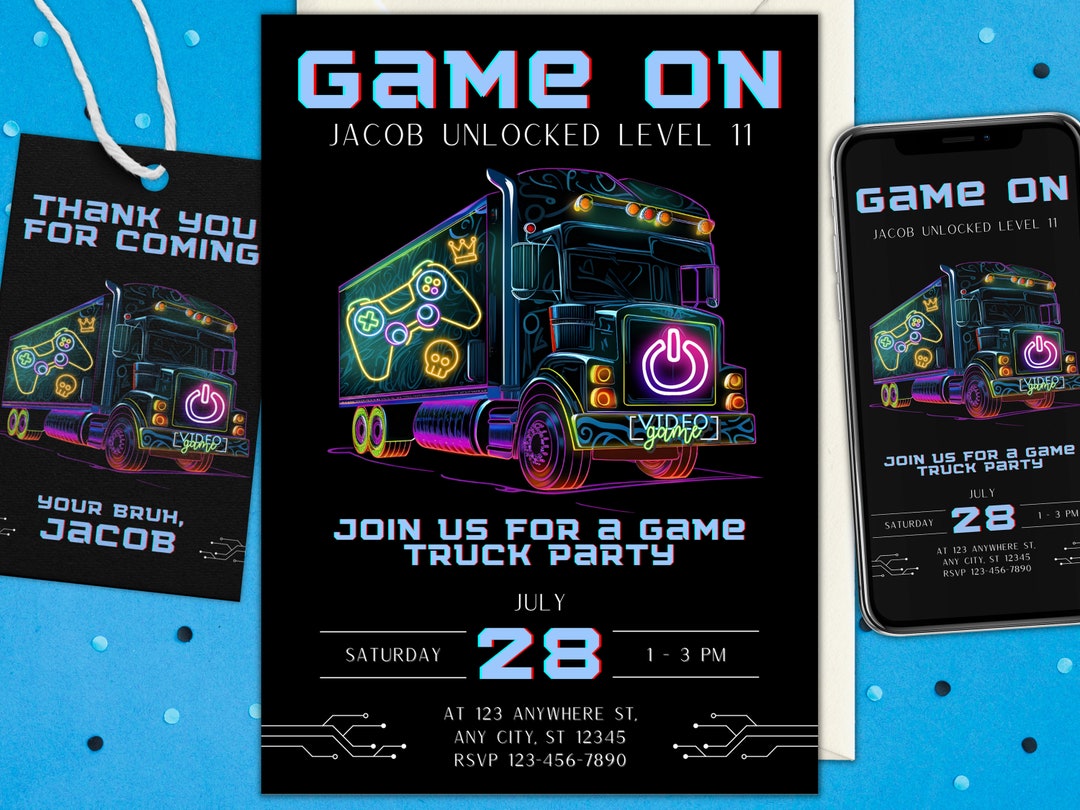 Video Game Truck Birthday Party Invitation Set Boy Canva DIY Printable