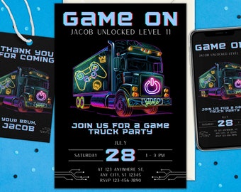 Video Game Truck Birthday Party Invitation Set Boy Canva DIY Printable Editable Canva Instant Digital Download Gamer Birthday Invite Neon