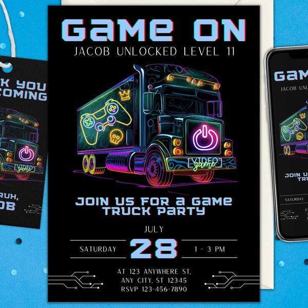 Video Game Truck verjaardagsfeestje uitnodiging Set jongen meisje DIY afdrukbare bewerkbare Canva Instant Digitale Download Gamer verjaardag uitnodigen Neon