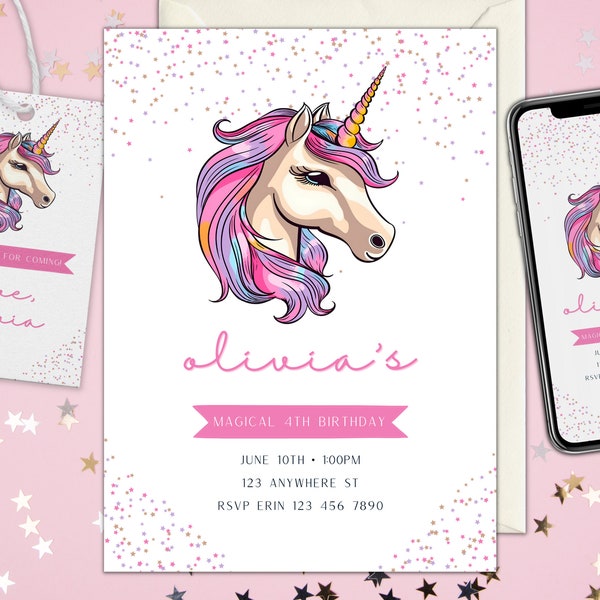 Editable Unicorn Invitation Set | Unicorn Party | Unicorn Birthday Theme | Pink Magical Unicorn Invite | Instant Download Printable Template