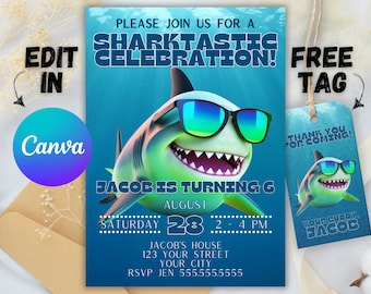 Shark Birthday Invitation Shark Invitations Shark Invites Pool Party Shark Invite Swim Party Shark Birthday Party Canva Instant Download DIY
