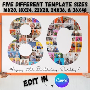 80th Birthday Photo Collage Template Number 80 Collage 80th Collage Custom Gift for Her 80th Birthday Number Collage Editable Canva Template
