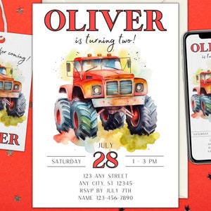 Minimalist Monster Truck Birthday Invitation Editable Canva Template Printable Trucks Birthday Invite Monster Truck Invites Digital Birthday