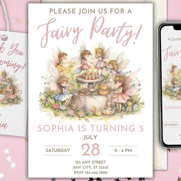 Editable Fairy Birthday Invitation Minimalist Enchanted Pixie Party Magical Floral Fairy Princess Party Instant Download Editable Template