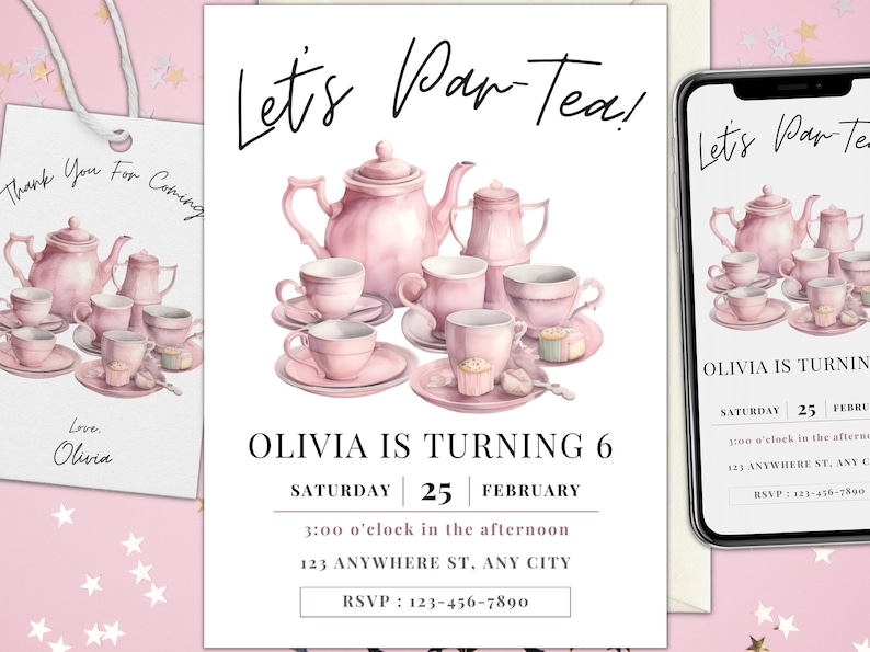 Minimalist Editable Tea Party Birthday Invitation Girl Partea Invite