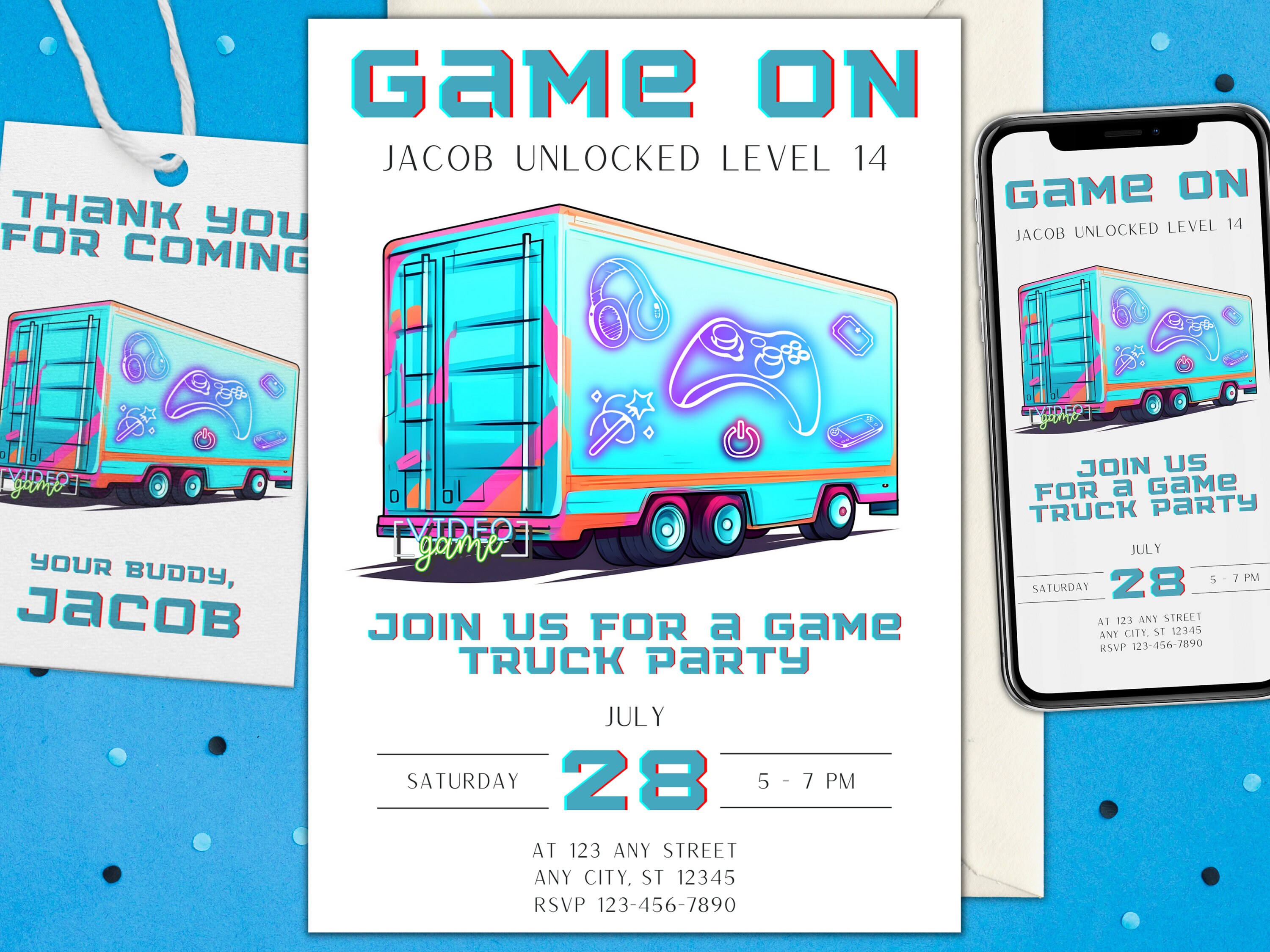 Minimalist Video Gaming Truck Birthday Party Invitation Neon Set Boys DIY Printable Editable Instant Digital Download Gamer Birthday Invite
