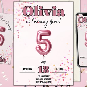 Minimalist 5th Birthday Invitation Girl 5th Birthday Invite For Girl Pink Balloon 5th Birthday Invitation Canva Template Editable Printable