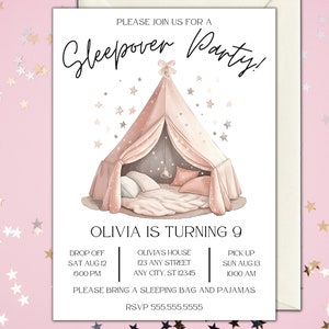 Sleepover Birthday Minimalist Invitation Set Slumber Party Invite Girl Pajama Party Glamping Tent Digital Printable Editable Download Canva image 2