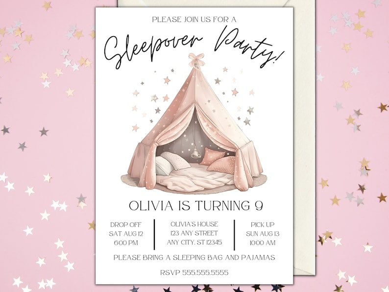 Sleepover Birthday Minimalist Invitation Set Slumber Party Invite Girl Pajama Party Glamping Tent Digital Printable Editable Download Canva image 2