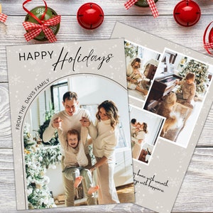Plantilla de tarjeta navideña con foto minimalista moderna, tarjeta de Navidad simple imprimible, tarjeta navideña con imagen familiar editable, descarga instantánea Boho DIY