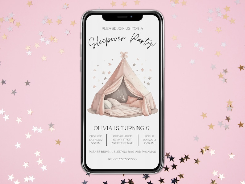 Sleepover Birthday Minimalist Invitation Set Slumber Party Invite Girl Pajama Party Glamping Tent Digital Printable Editable Download Canva image 3