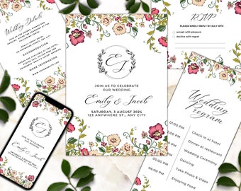 Regency Wedding Invitation Template Set: Floral, Editable (Digital)