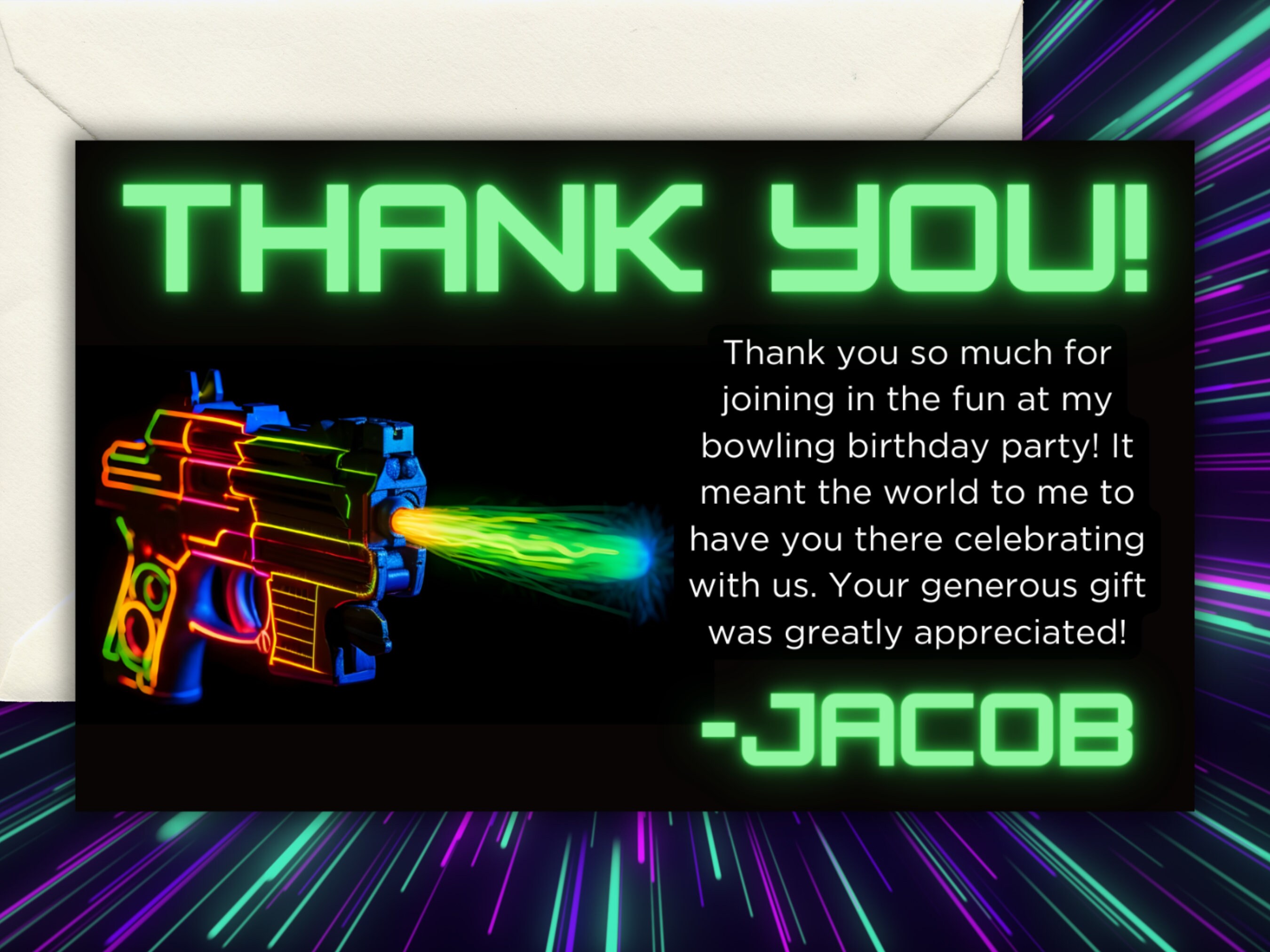 Editable Laser Tag Thank You Card Neon Laser Tag Thank You Card Glow Laser Tag Birthday Party Neon Glow Printable Download Template Canva