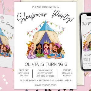 Sleepover Birthday Minimalist Invitation Set Slumber Party Invite Girl Pajama Party Glamping Movie Night Digital Printable Editable Download